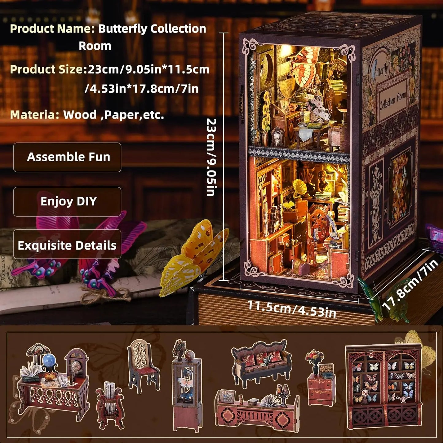 Hamaileon YM-03 Butterfly Collection Room Book Nook with LED Lights